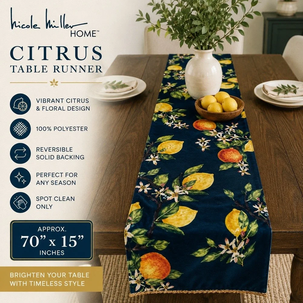 Nicole Miller Home Citrus Fruit‎ Table Runner Lemon Boho Floral Navy Cottagecore